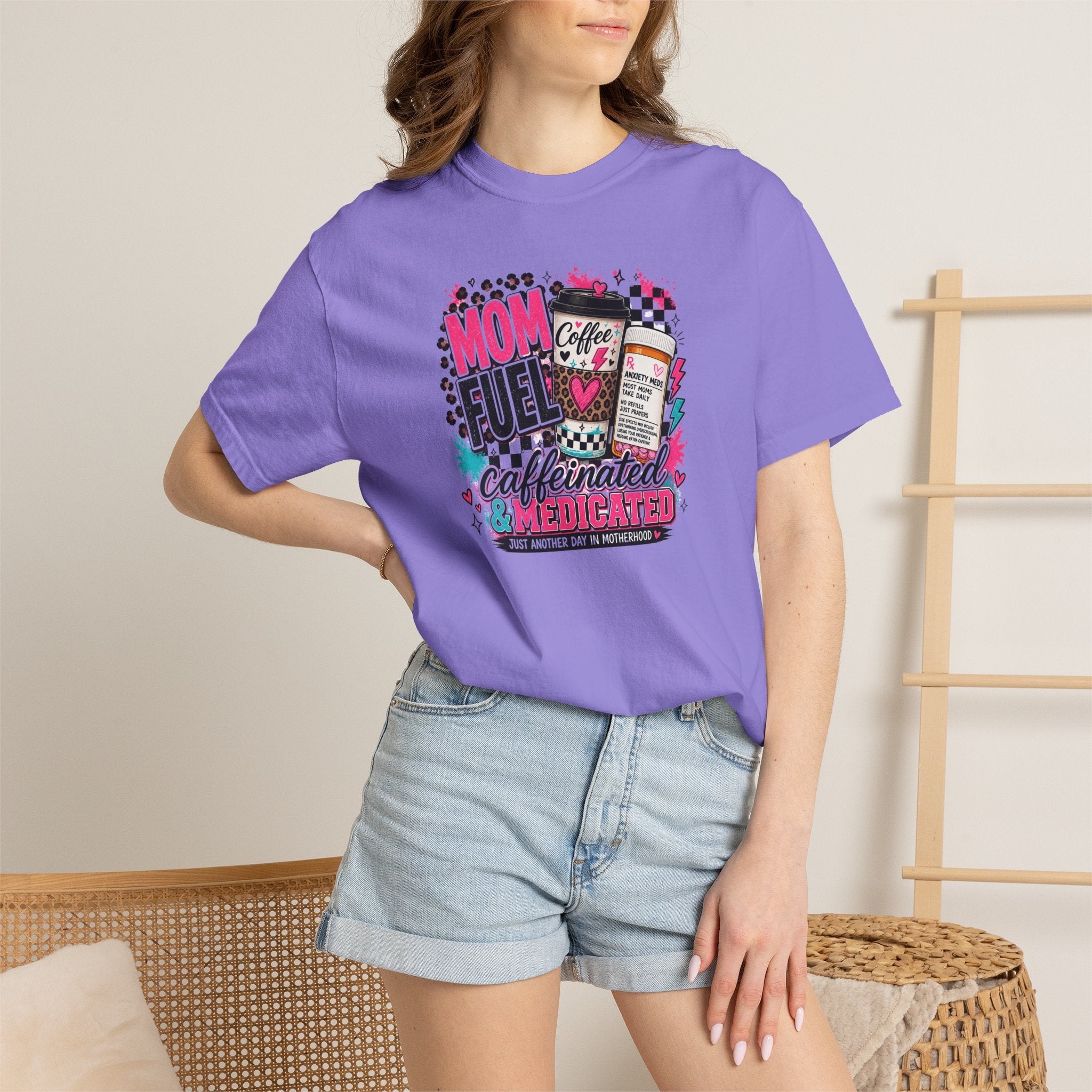 Mom Fuel Café Tee — "Caffeinated & Medicated" Graphic T‑Shirt for Moms