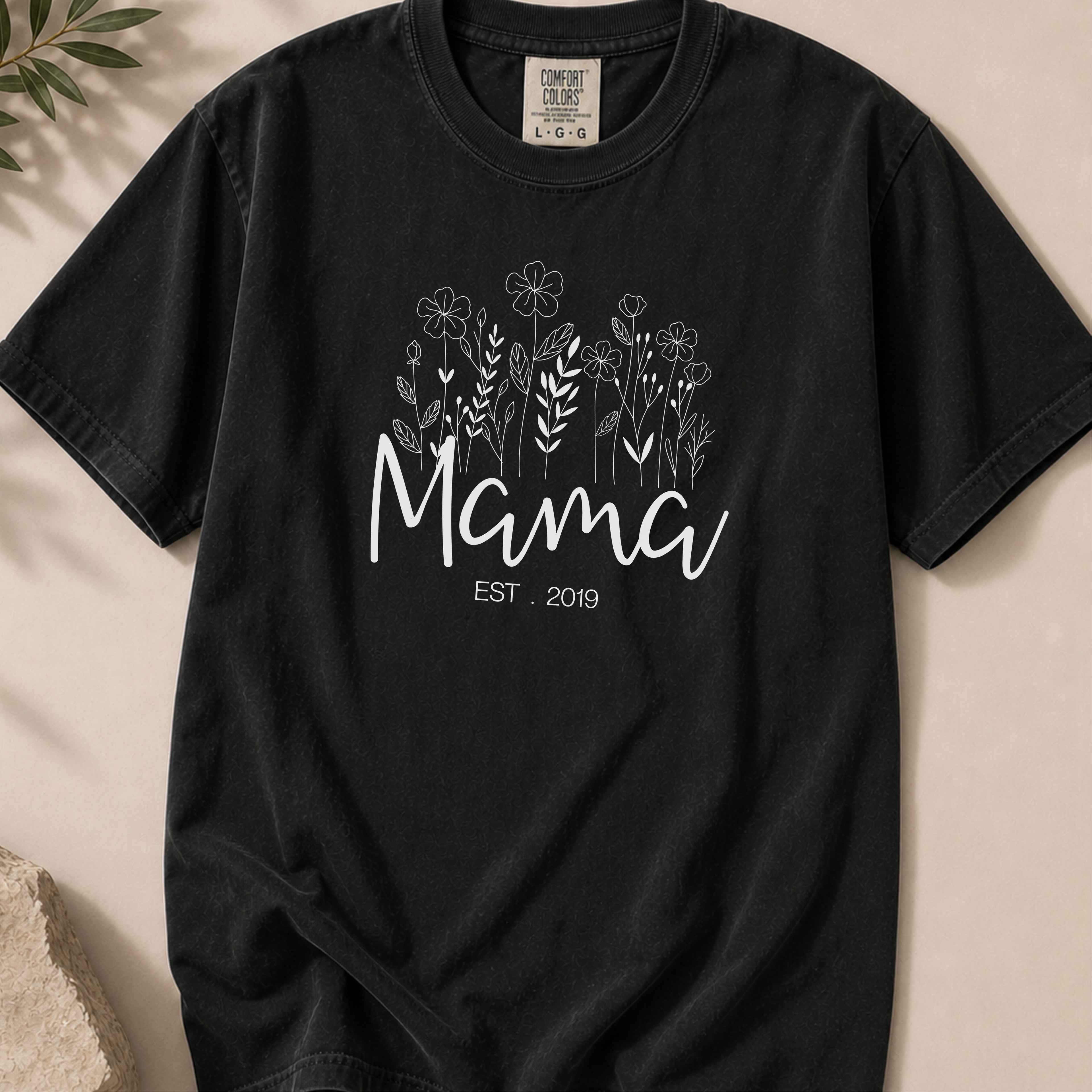 Customizable Mama Est. 2019 T-Shirt — Floral Script Mama Tee