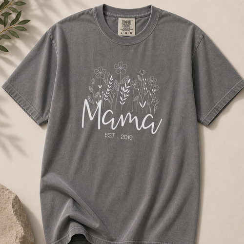Customizable Mama Est. 2019 T-Shirt — Floral Script Mama Tee