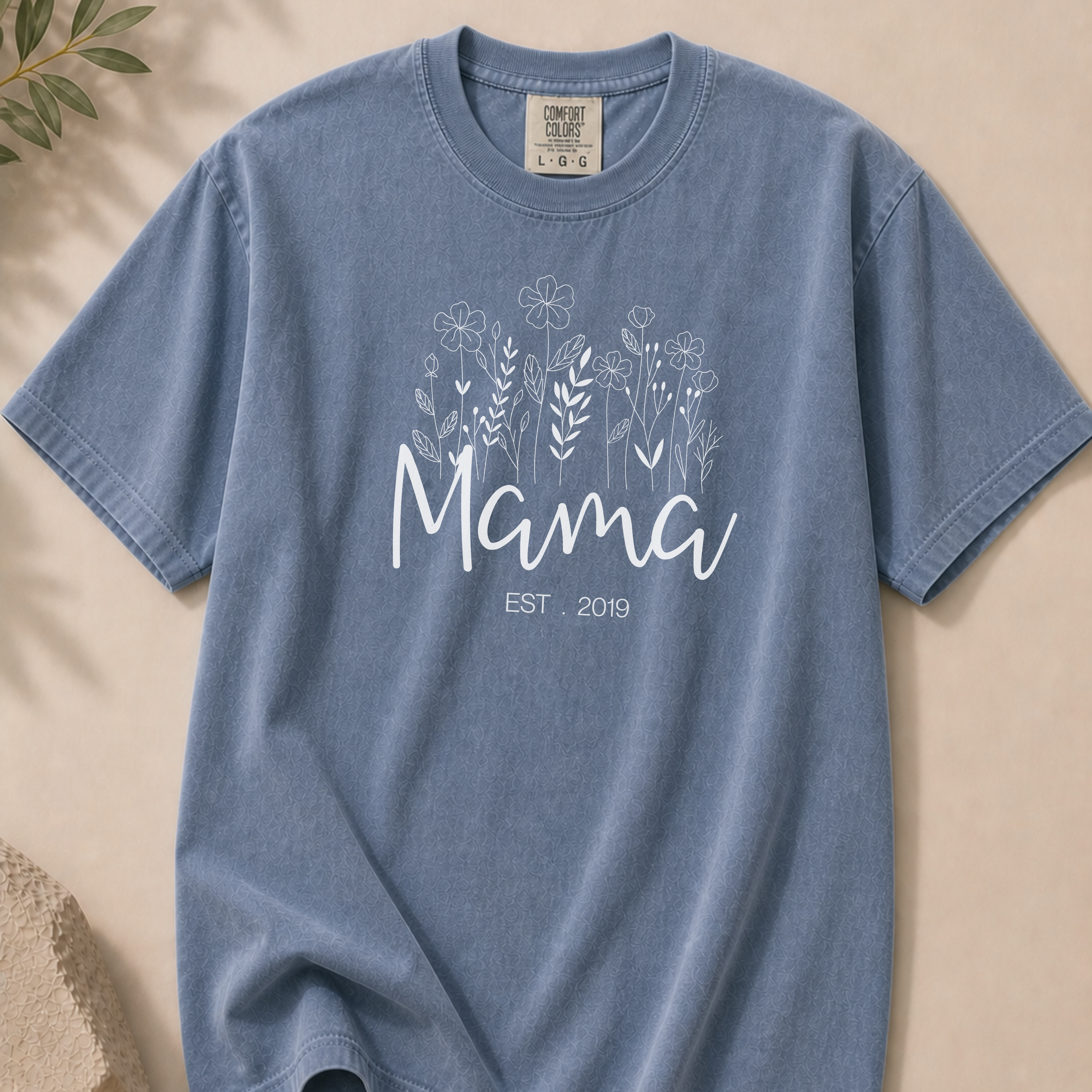 Customizable Mama Est. 2019 T-Shirt — Floral Script Mama Tee