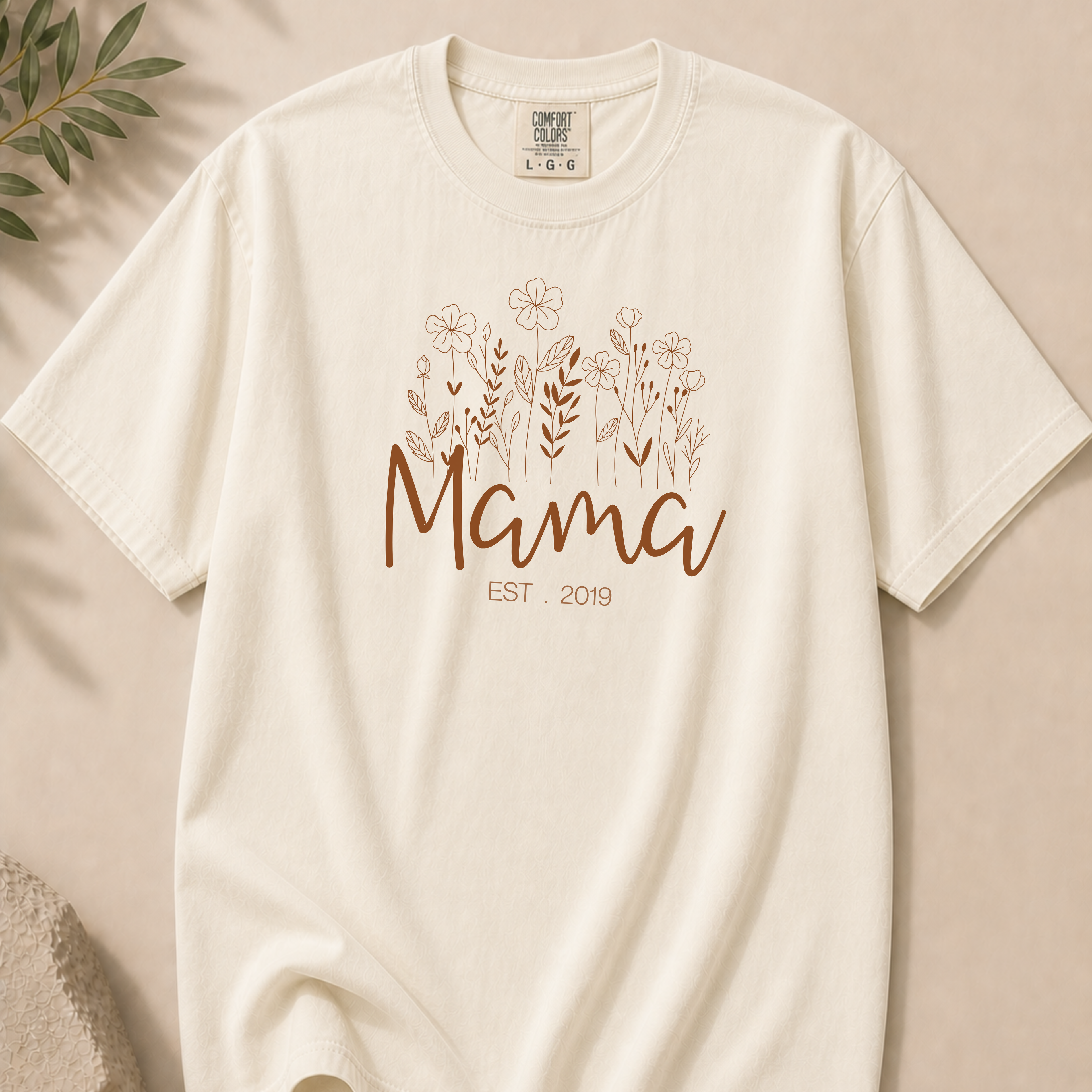 Customizable Mama Est. 2019 T-Shirt — Floral Script Mama Tee